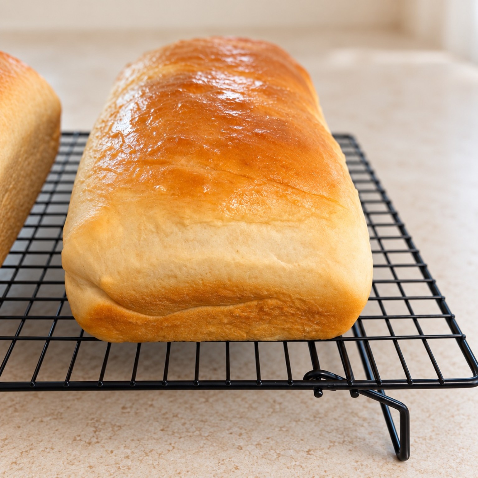 Tammy’s golden homemade bread cooling on a wire rack
